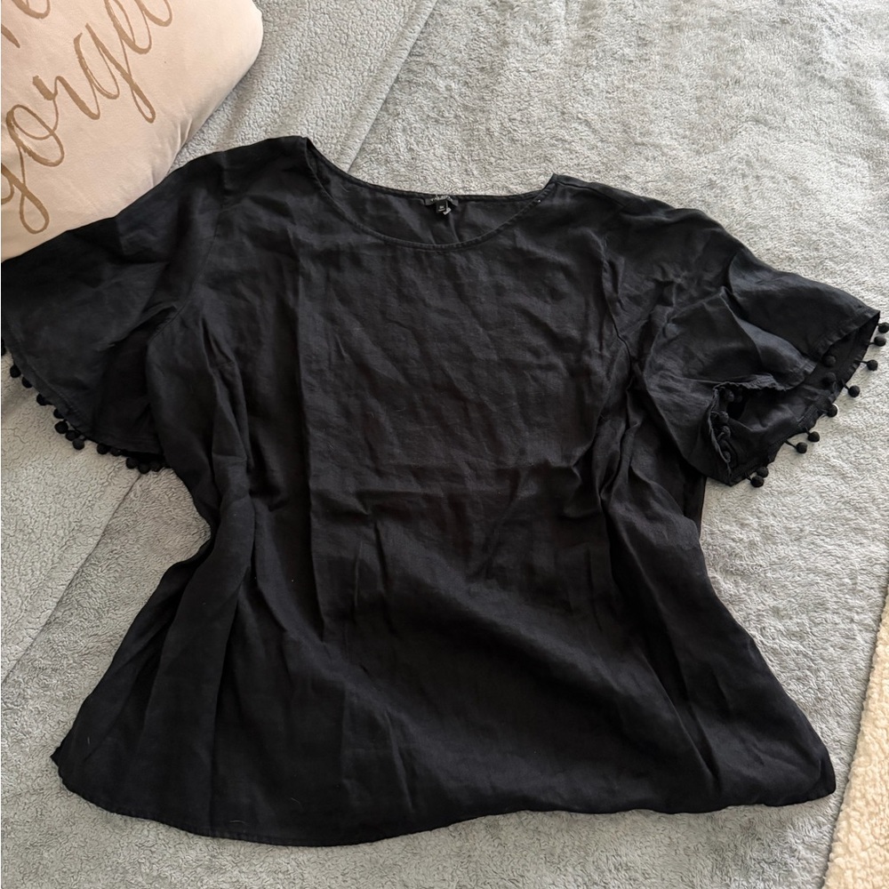 Talbots Black Blouse with Pom-Pom Sleeves